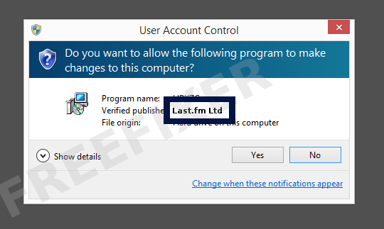 Screenshot where Last.fm Ltd appears as the verified publisher in the UAC dialog